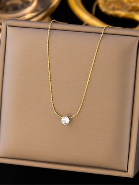 Gold plated Solitaire Pendant Necklace with Clear Stone - Women Jewelry stainles